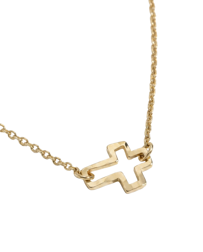 Delicate gold rolo chain necklace with tiny open cross pendant