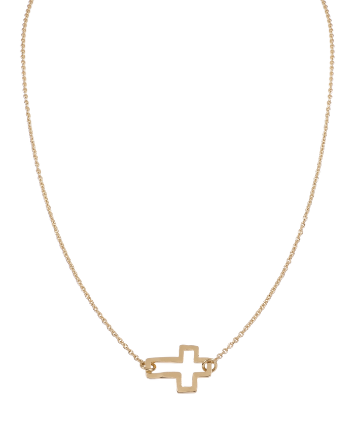 Delicate gold rolo chain necklace with tiny open cross pendant