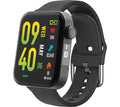 Black smartwatch with a colorful display on a white background