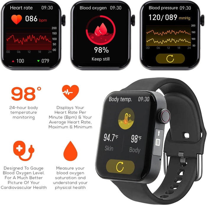 Smartwatch displaying health metrics including heart rate, blood oxygen, and blood pressure on a white background.