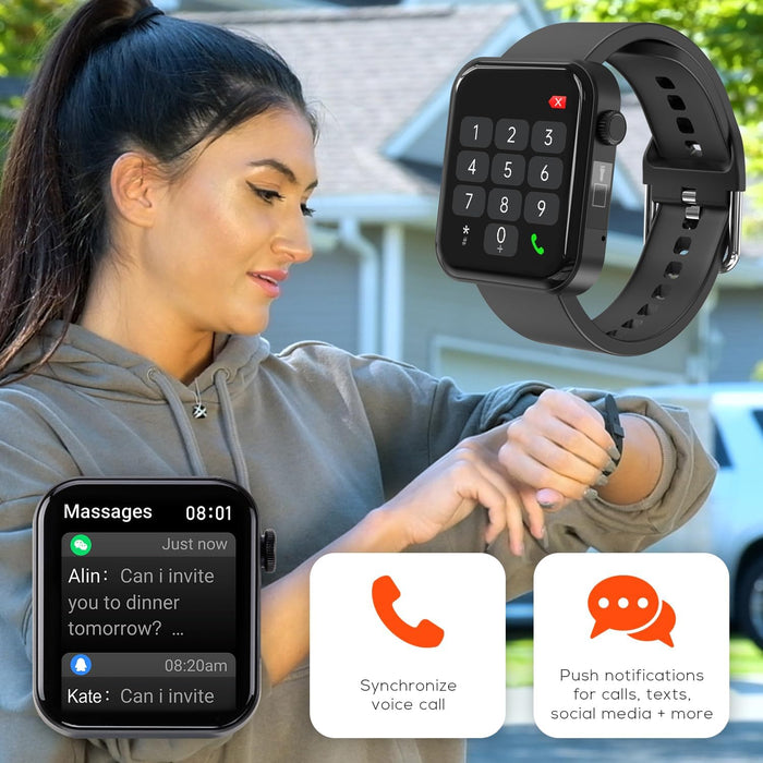 Woman using a smartwatch with inset images of the watch and its features.