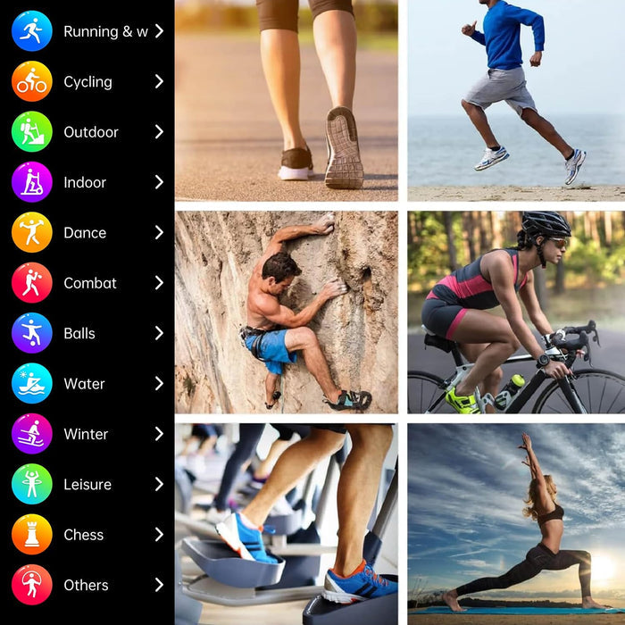 Collage of people engaging in various activities with icons on the left side.