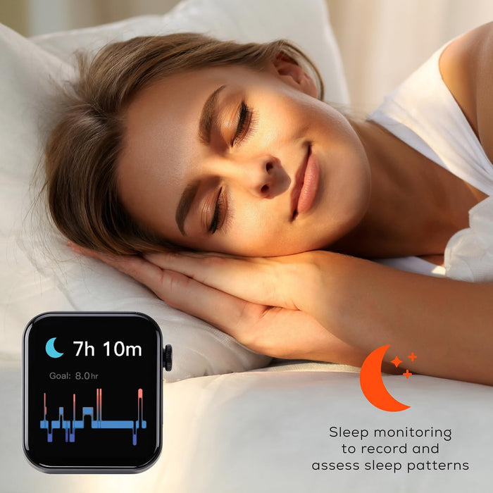Woman sleeping with a smartwatch displaying sleep monitoring data