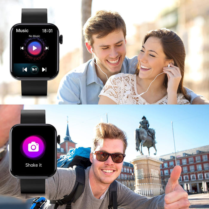 Smartwatch displaying music control interface with a couple listening to music, and another person taking a selfie in a city square.