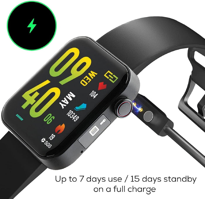 Smartwatch with charging cable on a white background