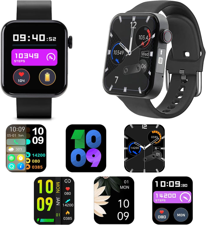 Collection of smartwatches with different display interfaces on a white background