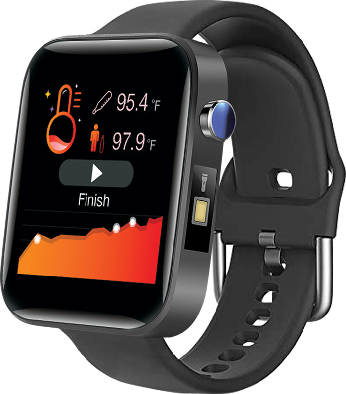 Black smartwatch with a colorful display on a white background