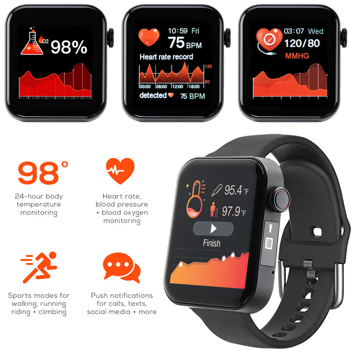 Smartwatch displaying health monitoring features with heart rate, blood pressure, and body temperature on a white background.