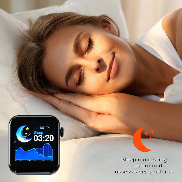 Woman sleeping with a smartwatch displaying sleep monitoring data