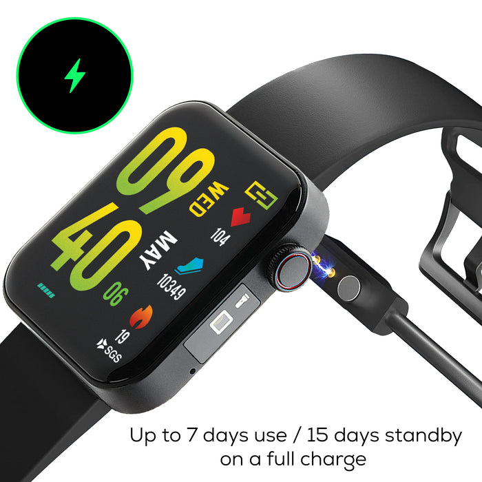 Smartwatch with charging cable, displaying battery life information.