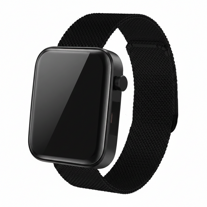 Black smartwatch with a black band on a white background