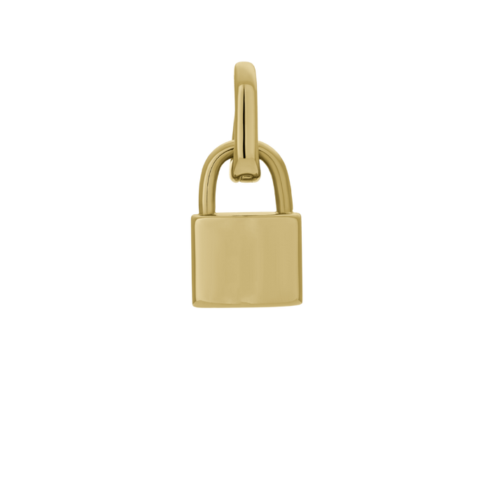 Gold lock charm pendant product shot on white background