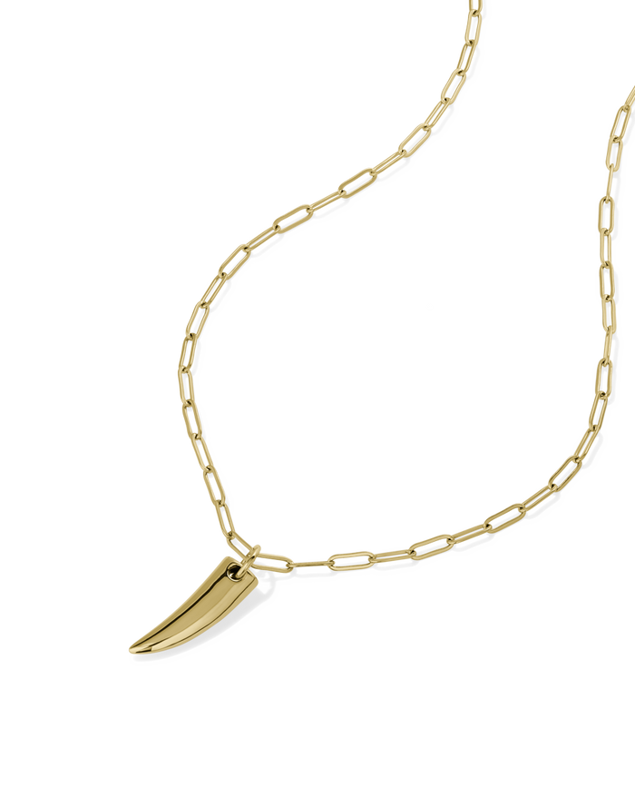 Gold paperclip chain necklace with polished talon-shaped pendant, alternate view