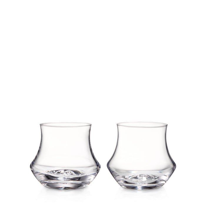 Two clear stemless wine glasses with curved sides and textured bases, shown against a white background.