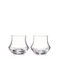 Two clear stemless wine glasses with curved sides and textured bases, shown against a white background.