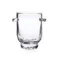 Clear glass ice bucket with two molded handles on sides and curved rim.