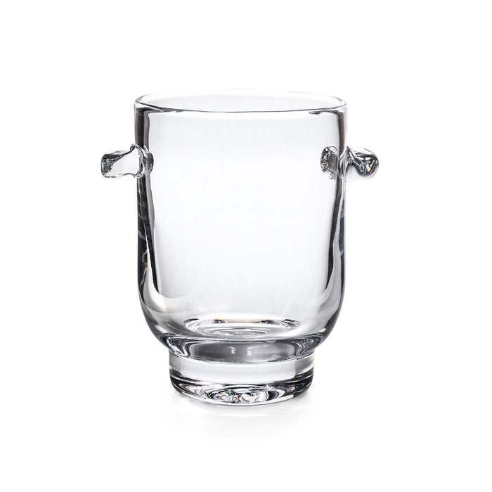 Clear glass ice bucket with two molded handles on sides and curved rim.