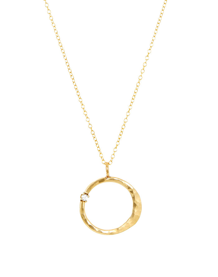Diamond Circle Moon Necklace in gold, style A product shot on white background