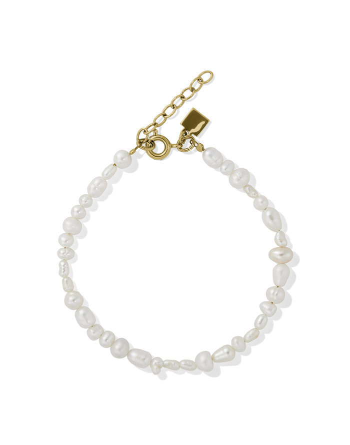 Set of two bracelets: freshwater pearl bead bracelet and gold paperclip chain bracelet with pearl accents