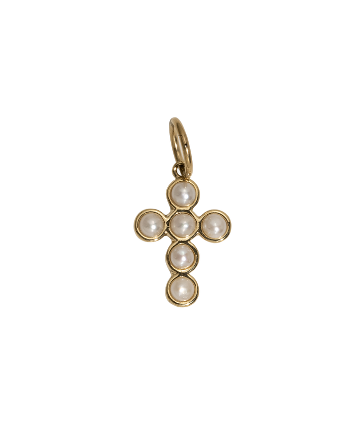 Gold cross charm with a pearl accent