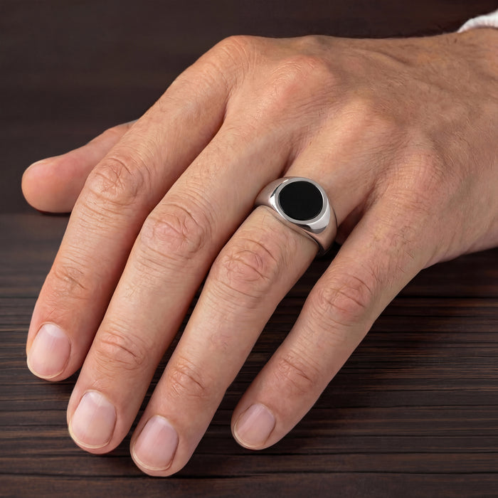 Polished Black Rhodium Sterling Silver Essentials Signet Ring with Ceram8 Full Moon Inlay and J Curved Edge