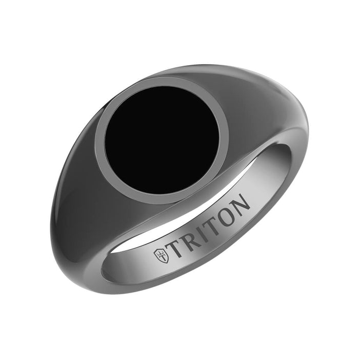 Polished Black Rhodium Sterling Silver Essentials Signet Ring with Ceram8 Full Moon Inlay and J Curved Edge