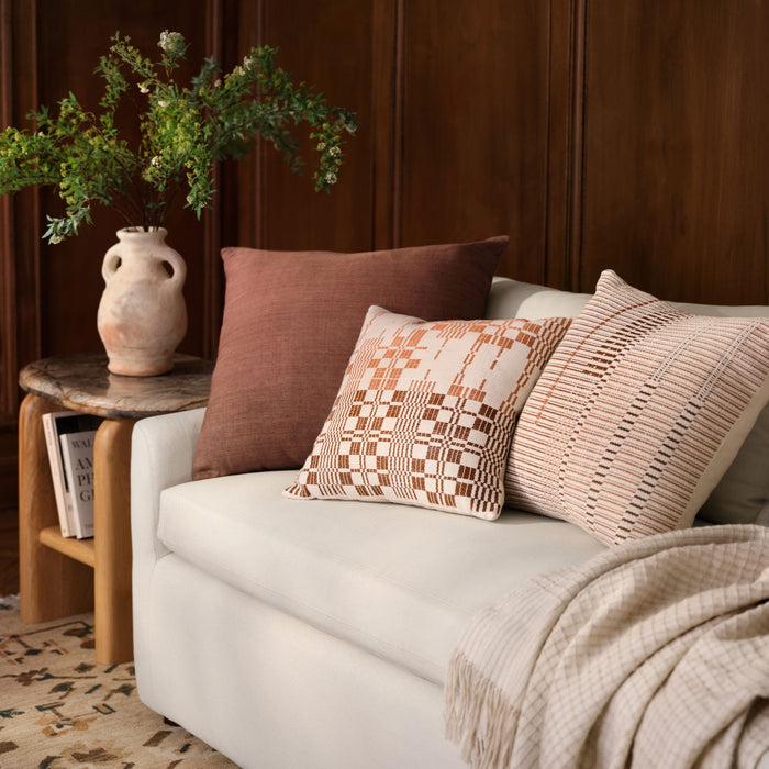 couch with pillows, mulberry