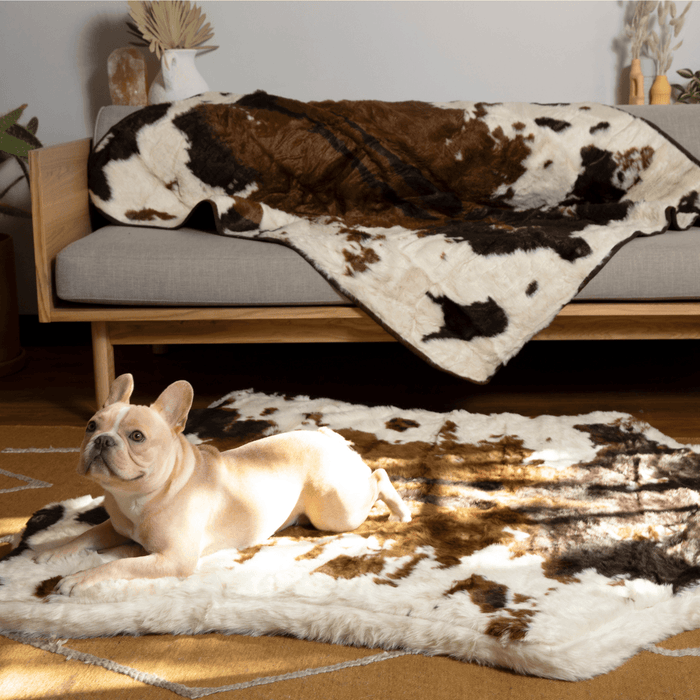 PupRug® Memory Foam Bed + Matching Waterproof Blanket Bundle - Brown Faux Cowhide