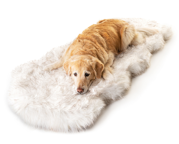 PupRug® Runner Faux Fur Memory Foam Dog Bed Cover - Curve White with Brown Accents (Bed Not Included)