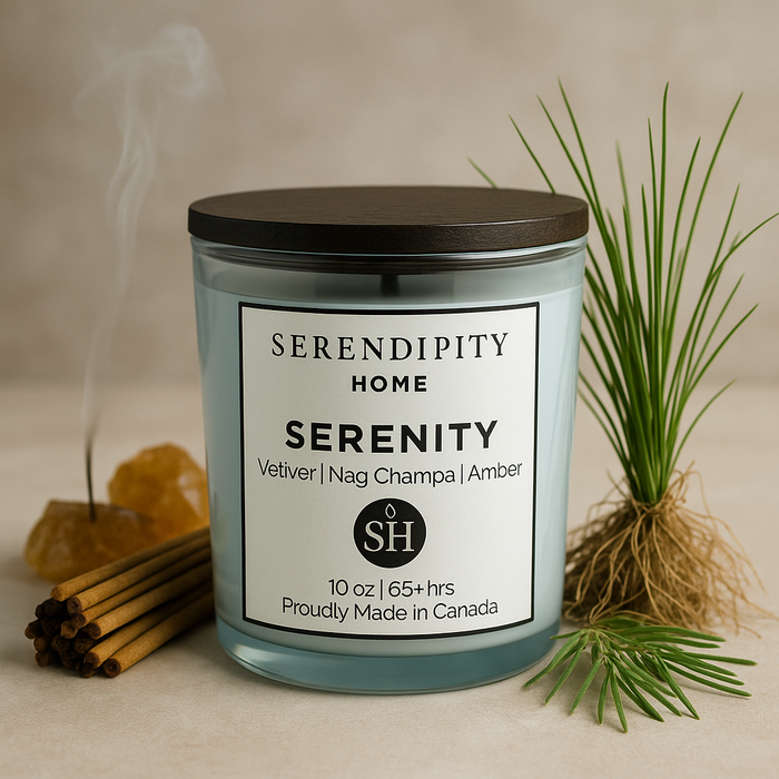 Serenity candle from Serendipity Home with incense and plants on a neutral background