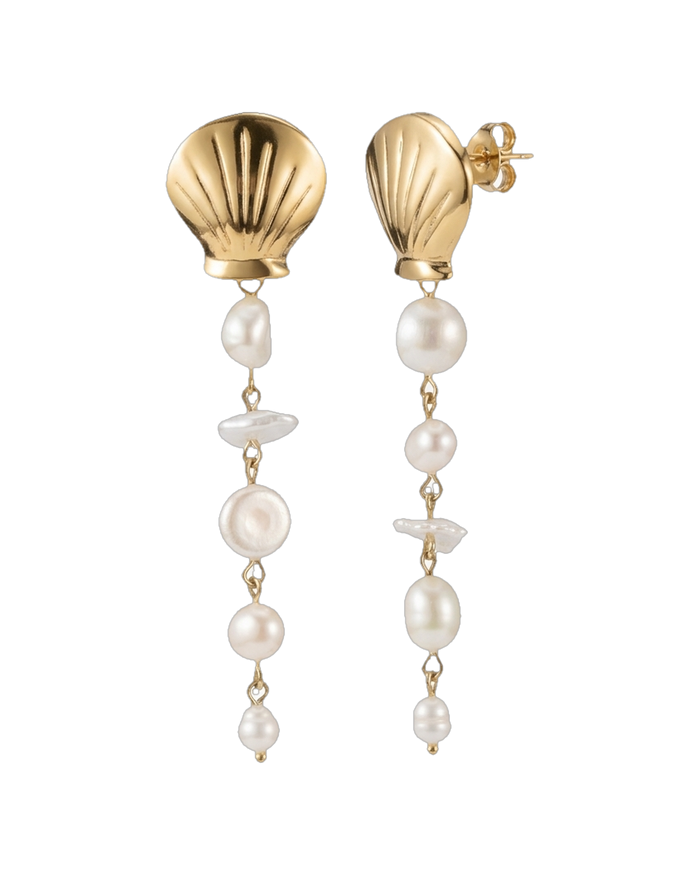 Long gold drop earrings with cascading freshwater pearl beads on hook wires