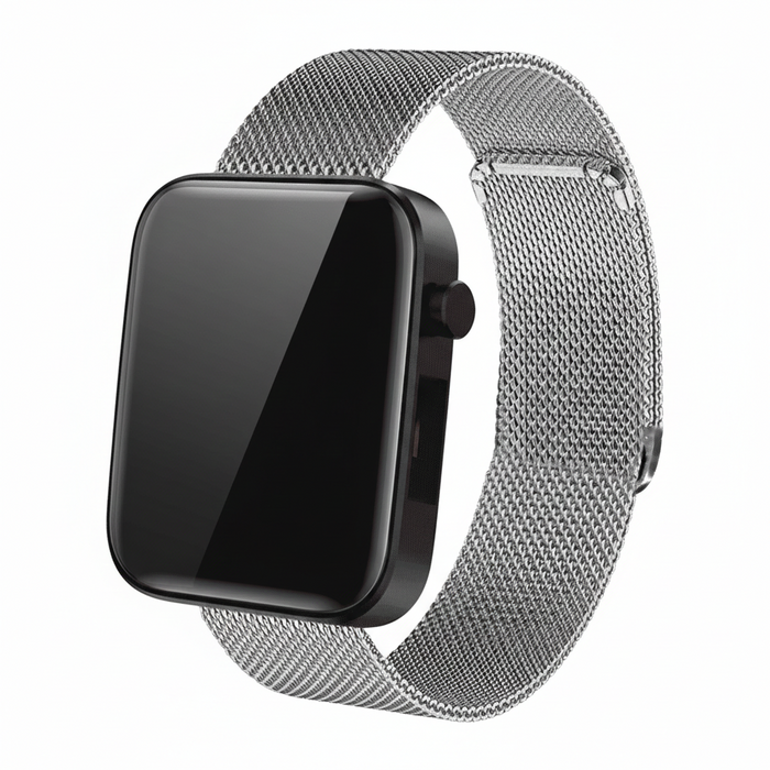 Smartwatch with a silver mesh band on a white background