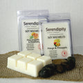 Serendipity Soy Wax Melts packaging with two scents on a textured surface.