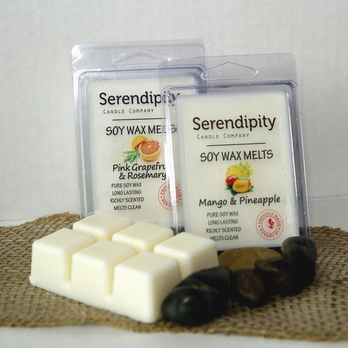 Serendipity Soy Wax Melts packaging with two scents on a textured surface.