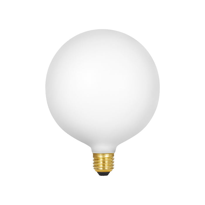 Matte white spherical LED bulb with brass screw base and black contact point.