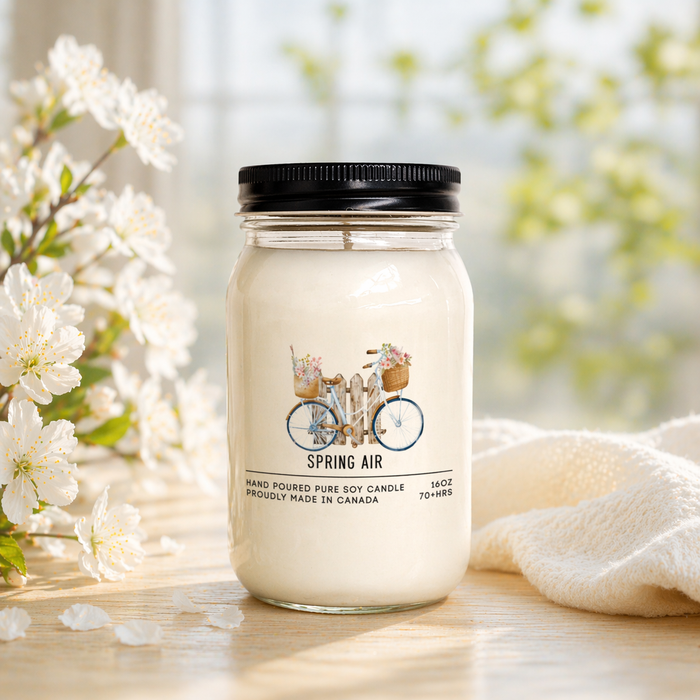 Jar candle labeled 'Spring Air' with a bicycle and flowers design, placed on a wooden surface with white flowers in the background.