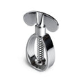 Stainless steel nutcracker with curved lever handles and central screw mechanism.