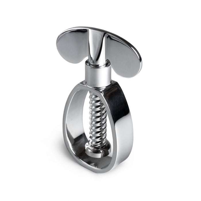 Stainless steel nutcracker with curved lever handles and central screw mechanism.