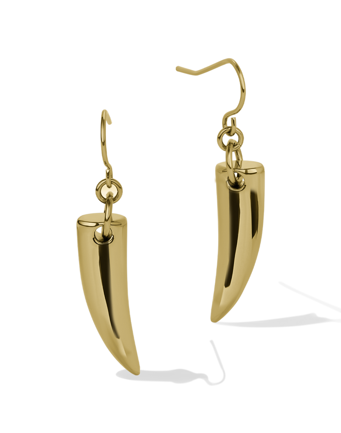 Gold drop earrings with polished talon or horn-shaped pendants on fish hook wires