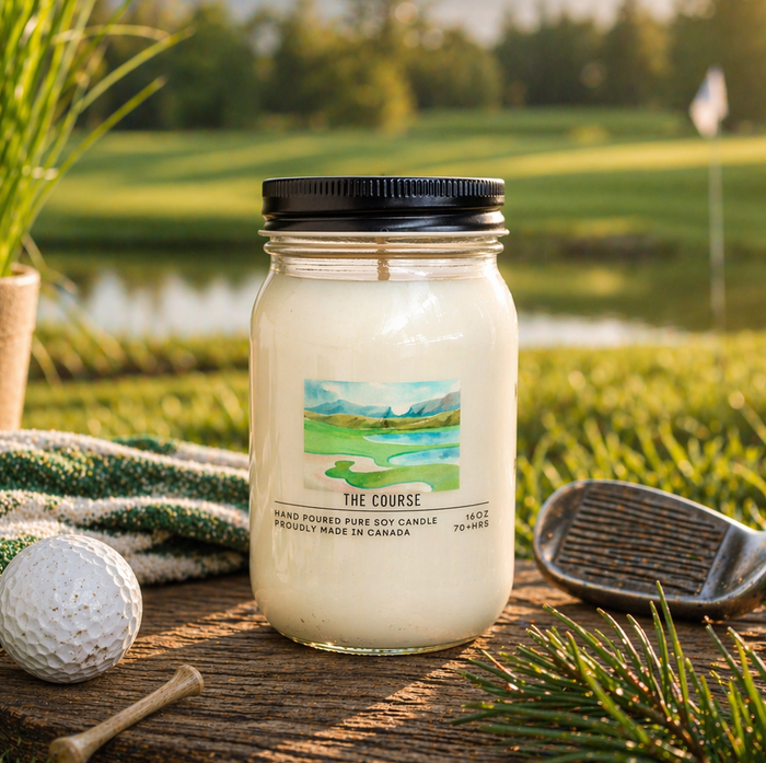 Jar of candle labeled 'The Course' on a wooden block with golf ball, club, and towel in a golf course setting.