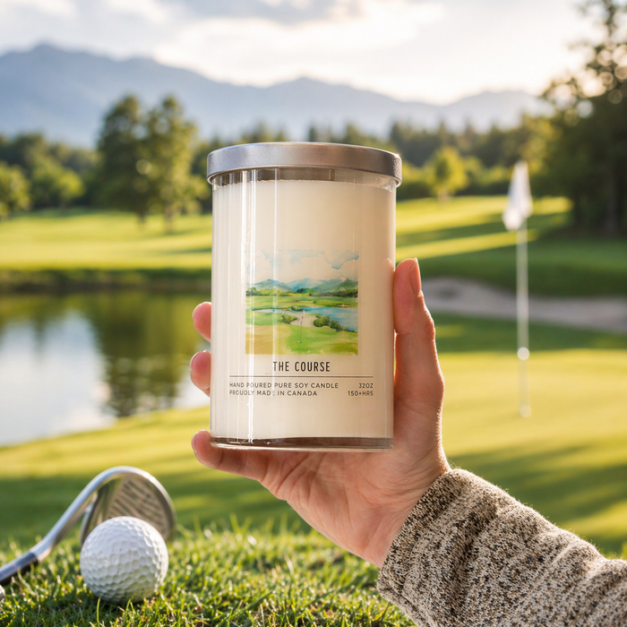 Hand holding a candle labeled 'The Course' with a golf course and lake in the background