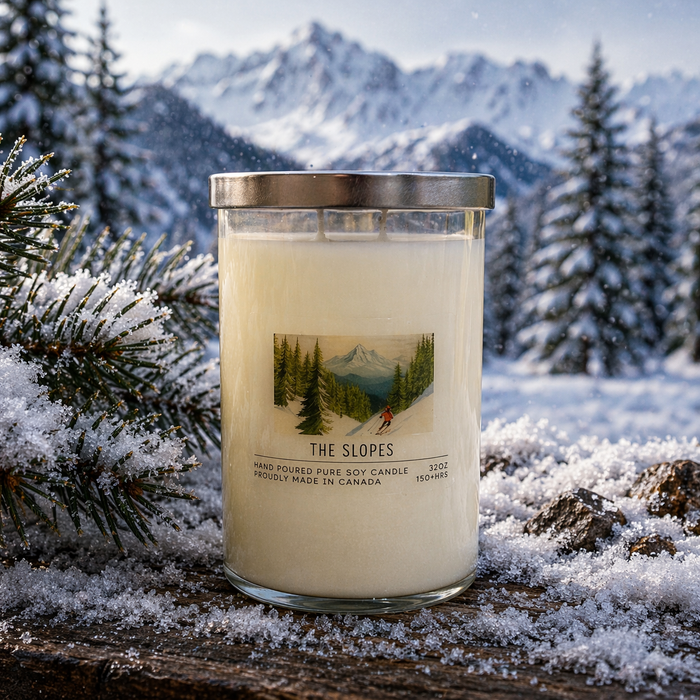 Candle labeled 'The Slopes' in a snowy landscape with mountains and trees.