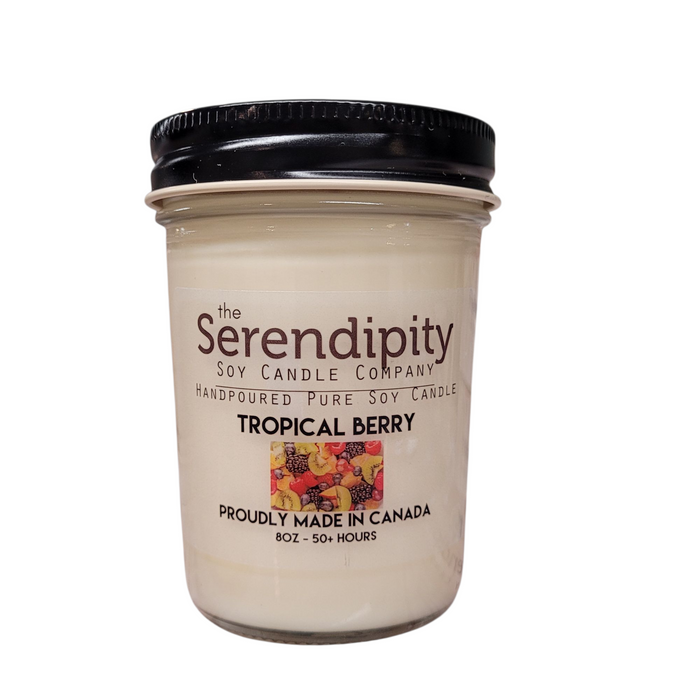 Jar candle from the Serendipity Soy Candle Company labeled 'Tropical Berry' on a white background