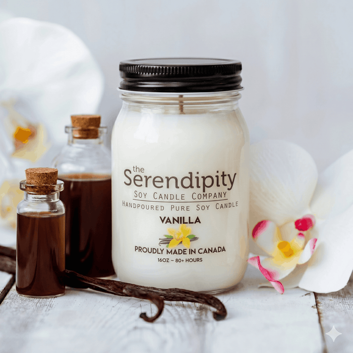 Vanilla candle from Serendipity Soy Candle Company with vanilla beans and flowers on a light background