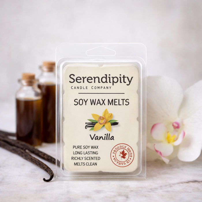 Serendipity Candle Company vanilla soy wax melts with vanilla beans and flowers in the background