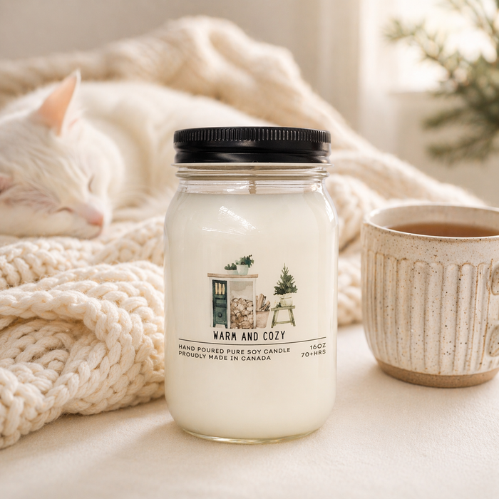Candle labeled 'Warm and Cozy' next to a cat and a mug on a soft surface.