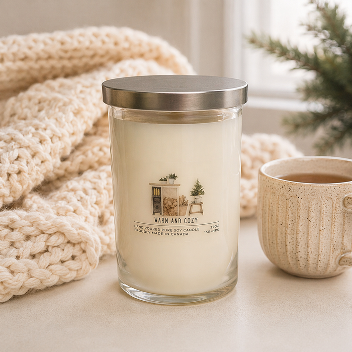 Candle labeled 'Warm and Cozy' with a mug and knitted blanket in the background