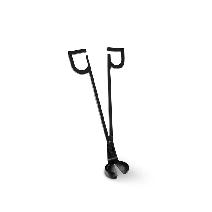 Black metal wick trimmer with two curved cutting heads and long handle.