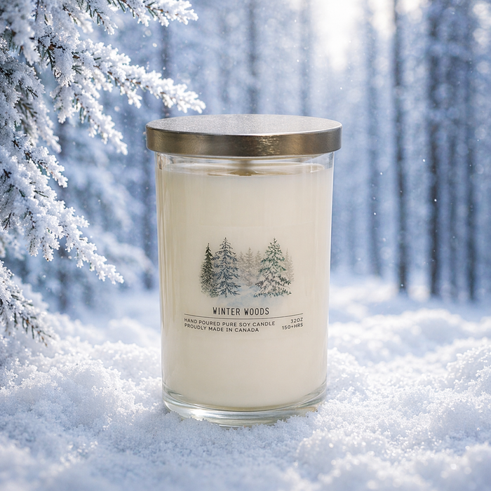 Candle labeled 'Winter Woods' in a snowy forest setting
