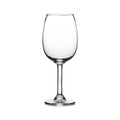 Empty clear wine glass with rounded bowl and stem on white background.
